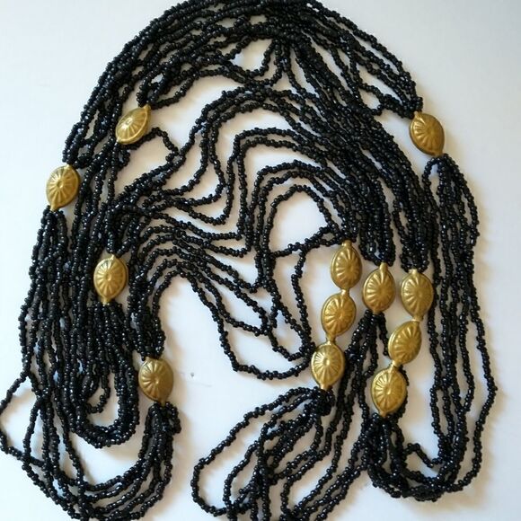 Multi Strand Beaded Necklace LONG 60" Black Seed Beads Brass Colored Stations - Picture 4 of 16